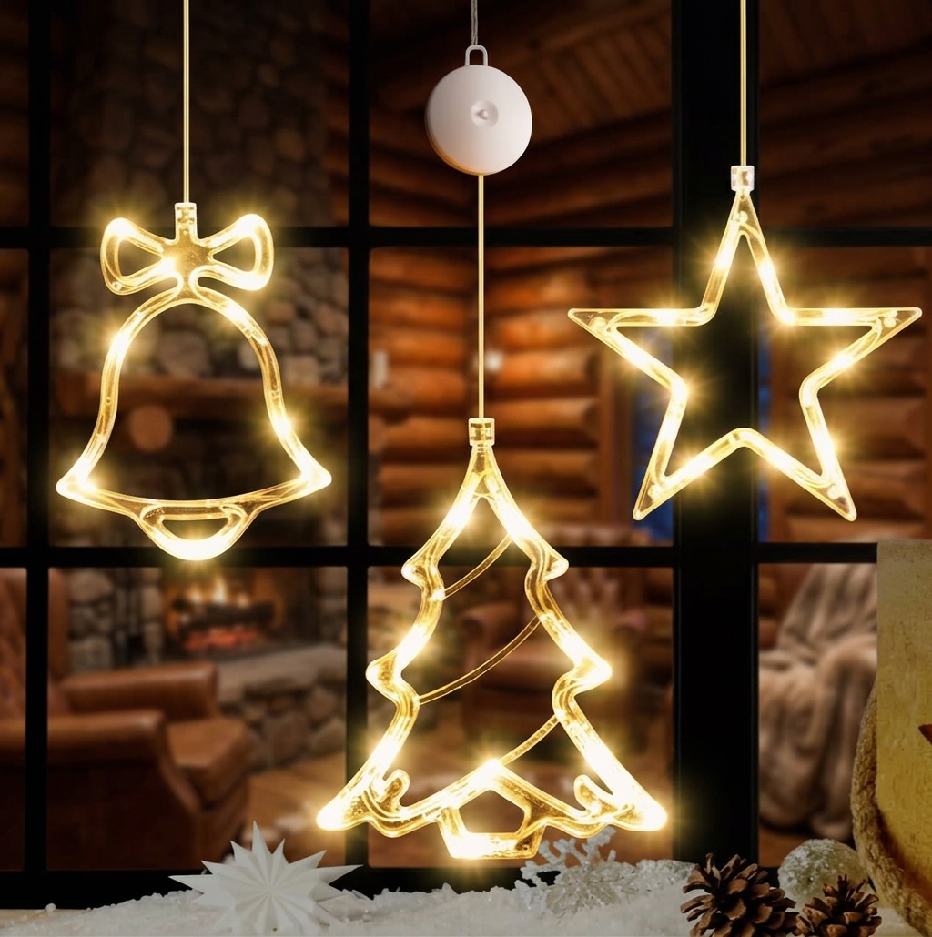 3pcs Christmas Lights Bell Tree Star Suction Cup Hanging Lights